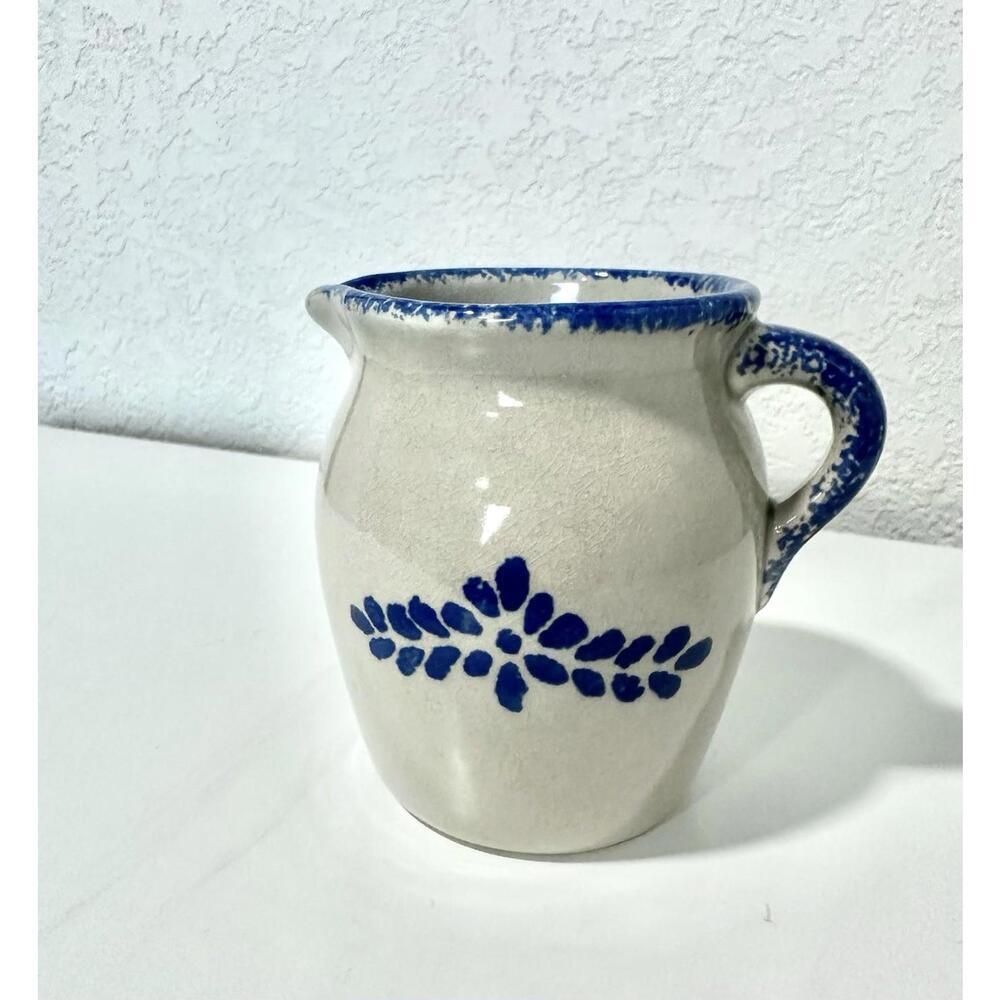 Vintage Loomco Creamer Pitcher with Handle Stoneware Tan with Blue Floral Design